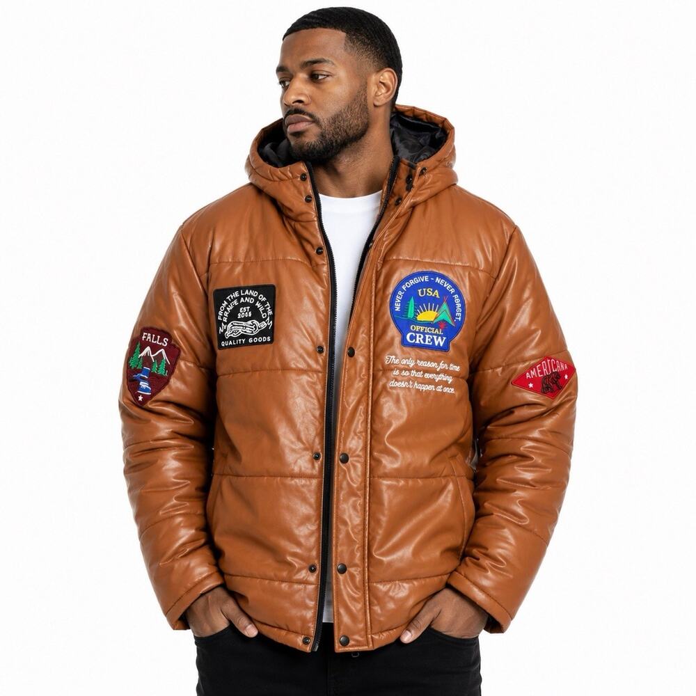 Reason Faux Leather Hooded, Puffer Jacket Brown Cooper Patchwork USA Crew XXXL